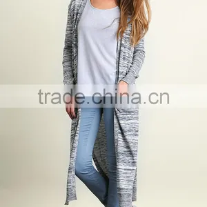 Casual Wear Clothing Manufacturer OEM Custom Made Cotton Polyester Heather Knit Open Cardigan Lounge Ladies Long Tail Blouses thumbnail-4