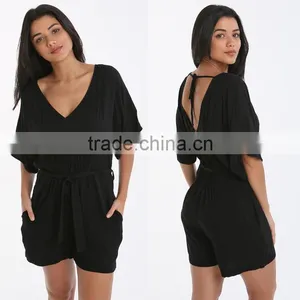 Made In China Deep V Neck Sexy Girls Wearing Jumpsuit Black Beach Wear Short Casual Summer Playsuit For Women thumbnail-1