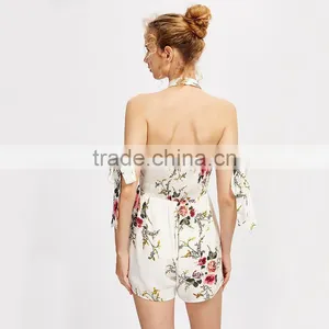 Polyester White Ladies Jumpsuit, Floral Print Contrast Lace Playsuit thumbnail-4