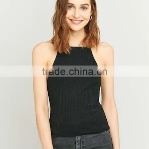 2017 Women's Best Black Ribbed Sleeveless Halter T-back High Neck Cami Tops thumbnail-3