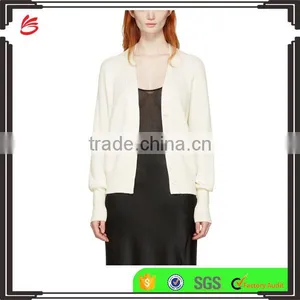 Raglan Sleeve Y-Neck Collared Ivory White Rib Knit Cashmere Cardigan for Women thumbnail-1