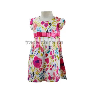 Flower Printed With Bow Flutter Sleeves Baby Girl Party Dress thumbnail-1