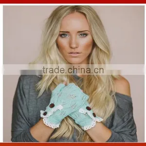 Women's Winter Colored Gloves With Lace And Buttons/New Design Lace Trim Knitted Ladies Hand Gloves thumbnail-2