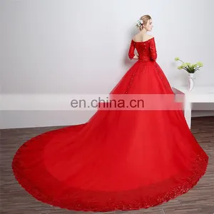 HS1608 Vintage Lace Ball Gown Train Red Wedding Dress thumbnail-3