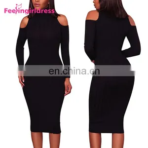 Women Sexy Cold Shoulder Knitting Sweater Long Sleeve Bodycon Party Mini Dress thumbnail-5
