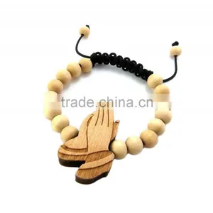 Good Quality Wood PRAYING HANDS Pendant Adjustable Hip Hop Wood Bracelet thumbnail-1