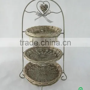 Three Tier Rustic Metal Stand With Willow Plate and Willow Heart and Ribbon Bow Decorated thumbnail-2