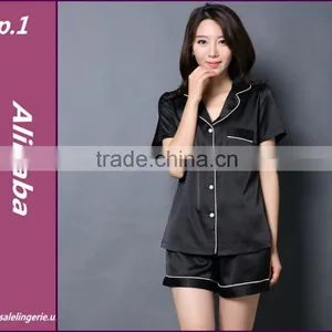 Short Sleeves Nightgown Solid Black Silk Pajamas Sets For Women thumbnail-1