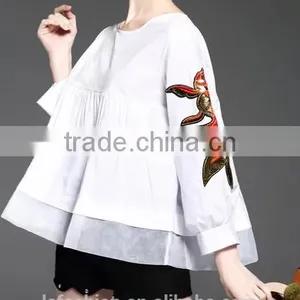 2017 Summer Newest Fashion Round Neck Long Sleeve Blouse With Patch on Sleeve thumbnail-4