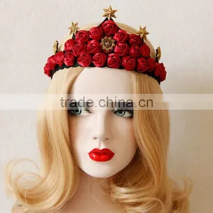 Fabric Red Rose Queen Hairband,star Crown Dancing Hair Hoop,bride Wedding Party Hair Decoration thumbnail-3