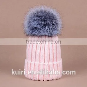 Knitted Hat With Snap Silver Fox Fur Ball on Top thumbnail-3
