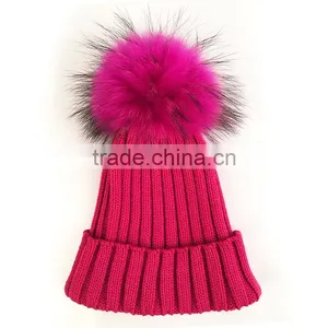 Myfur Hot Pink Fluffy Raccoon Fur Ball Knitted Beanie Hat for Fashion Lady thumbnail-2