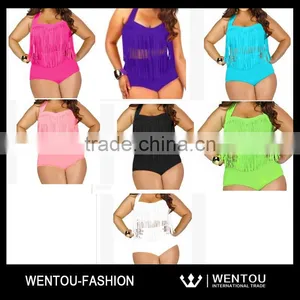 High Waist Fat Women Plus Size Swimwear Bikini Set With Tassel thumbnail-1