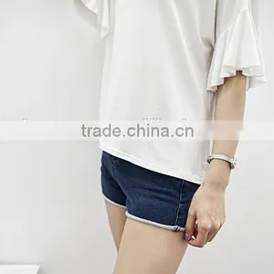 Summer 2017 Han Edition Round Neckline Necklace Lotus Leaf Sleeve Loose Pure Color Short Sleeve T-shirt Bertha thumbnail-6