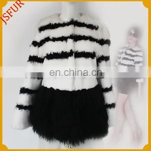 2015 Newest Striped Winter Coat Natural Fur Round Collar Rabbit Fur Coat thumbnail-1