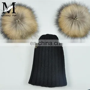 Wholesale Fashion Cheap Kids Knitted Hats Real Fur Two Poms Kids Hat Winter thumbnail-6