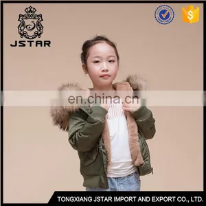 Green Short Bomber Jackets for Kids With Demountable Raccoon Fur Collar thumbnail-1
