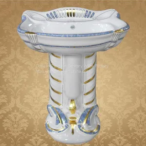 European Bathroom Good Sale Pink Color Round Shape Two Piece Big Pedestal Wash Hand Basin thumbnail-3