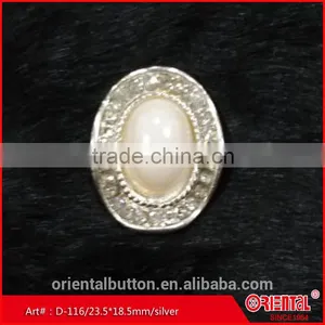 Cream Pearl Lustre Clear Stone Silver Metal Base Oval Button thumbnail-2