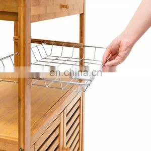 Bamboo Wooden Trolley Cart Cabinet Storage Trolley With Wheels Kitchen Furniture thumbnail-5