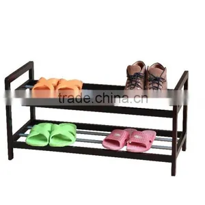 Eco-Friendly 2 Tiers Pine Wood and Metal Shoe Rack thumbnail-1