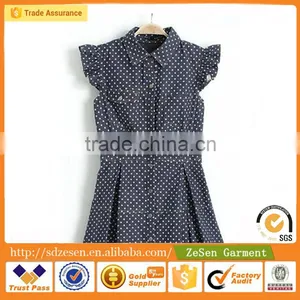 Lapel Ruffle Sleeve Polka Dot Denim Skirt Dress Cotton Wholesale Printed Apparel For Women thumbnail-5