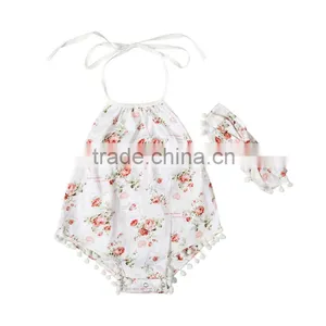Baby Romper With Pompom And Headband.Summer Children Clothes.Floral Decoration. thumbnail-1