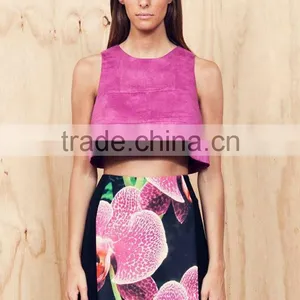 Runway Raspberry Patchwork Geometric Suede Trendy Crop Top thumbnail-1