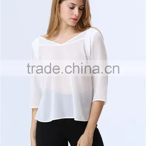 See-through White Chiffon Three Quarter Sleeve Casual Loose Blouse/Top for Ladies/Women thumbnail-3