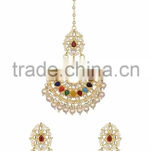NAVRATAN Kundan Jadau Earring Tikka Gold Plated Chand Bali Set thumbnail-1