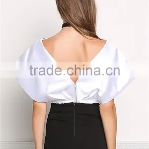 MGOO Custom Designs V Neck Tunic Fashion Cross White Satin Blouses 100% Polyester Sleeveless Tops thumbnail-6