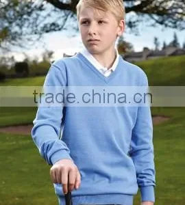 Custom Made Boys Cotton Blue Plain V-neck Long Sleeve Sweater With Embroidery Logo on the Right Sleeve thumbnail-1