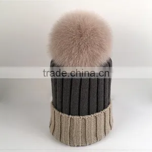 Myfur Wholesale Knitted Wool Cap With Soft Fox Body Fur Pom Poms thumbnail-1