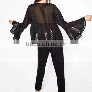 Runwaylover EY2375B 2017 Fashion Women Flare Sleeve Chiffon Embroidery Blouse thumbnail-3
