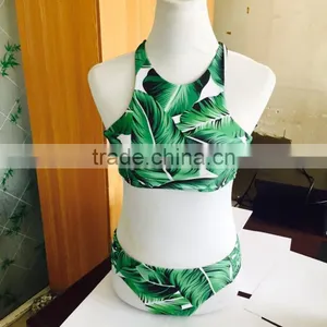 Girls Beach Bikini Green Leaves Printing Pattern Swimsuit Bikini thumbnail-3