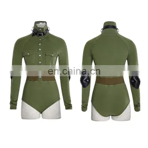 Punk Rave Gothic Military Green Long Sleeve Standing Collar Body T-434 thumbnail-1