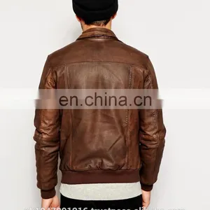 New 2014 Men Leather Jacket / Genuine Leather Jacket / Sheepskin Leather Bomber Jacket Dark Brown thumbnail-2