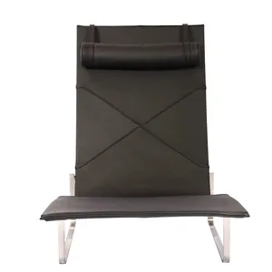 Mid-Century Leather Chaise Lounge Chair, Poul Kjaerholm PK24 Replica Recliner With Stainless Steel Frame for Living Room Hotel thumbnail-2