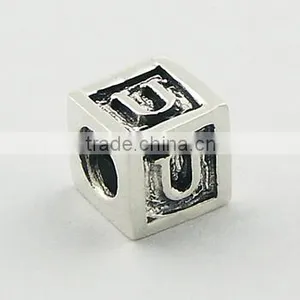 Letter U Sterling Silver Antique Finish Cube Bead thumbnail-1