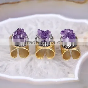 Natural Amethyst Quartz Ring Paved Zircon Amethyst Stone Druzy Ring thumbnail-1