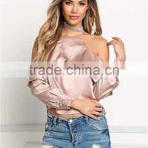 MGOO 2017 Latest Designs Women Satin Blouses Tops Plain Fashion Off Shoulder Crop Custom Ruffles Shirts thumbnail-5