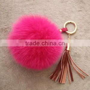 Myfur Baby Pink Real Leather Tassel Fox Fur Pom Puff Key Ring Bag Accessory thumbnail-2