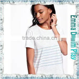 Fashion Models Custom Ladies Stripe Design White Cotton Scoop Neck Tee Shirt thumbnail-2