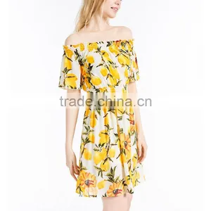 Summer Ladies Latest Fashion Boat Neck Printed Chiffon Dress Designs Women Off Shoulder Casual Dress thumbnail-2