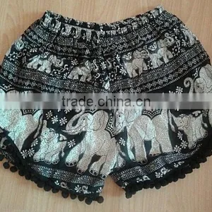 Vintage Bohomian Hippies Gypsy Girls Womens Pom Pom Trimming Shorts Elephant Ethnic Cotton Printed Ladies Viscose Beach Casual thumbnail-3