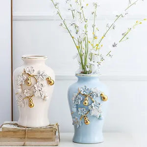 Nordic Palace Creative Romantic Gild Blue Yellow Tall Ceramic Flower Vase For Indoor Decor thumbnail-3