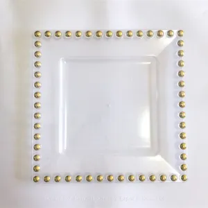 Clear Plastic Square Charger Plates With Gold Beaded Rims Wedding Decoration Dishes thumbnail-1