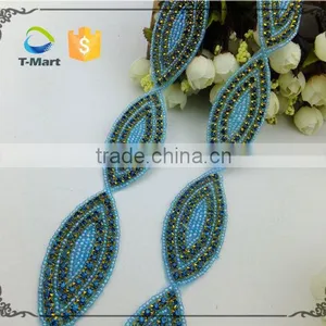 Blue Beaded Rhinestone Crystal Bridal Ribbon Belt Craft Applique thumbnail-1