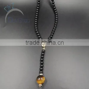 8mm Black Stone Beads Rosary Necklace With 16mm Tiger Eye Bead thumbnail-3