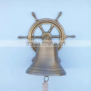 Cast Iron Hanging Ship Wheel Bell Nautical Bell Metal Wall Art, Antique Silver Beach- NBB 0014 thumbnail-2